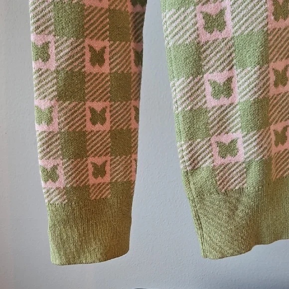 Nordstrom Green and Cream Checker Butterfly Knit Sweater - Picture 2 of 8